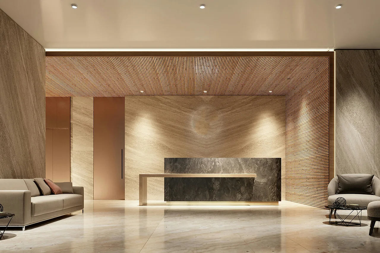 Ruhige, warme Lobby moderner Architektur ohne Personen
